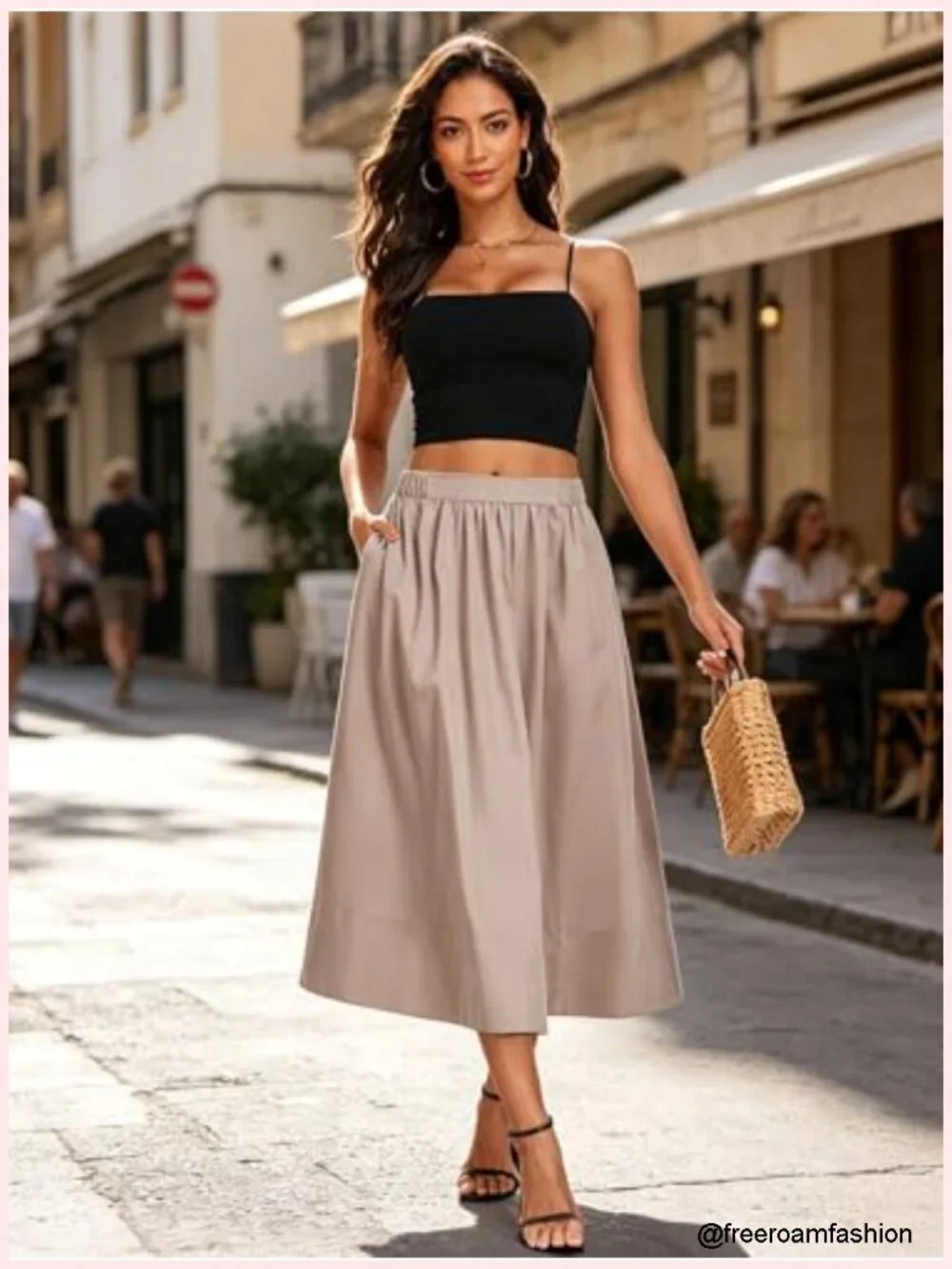 A-Line Midi Skirt Elastic High Waist Pleated Flowy Beach Long Skirt with Pocket